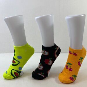 Womens Ankle Socks Set 3 Avocado Apple Cherry Print Neon Yellow Black Orange